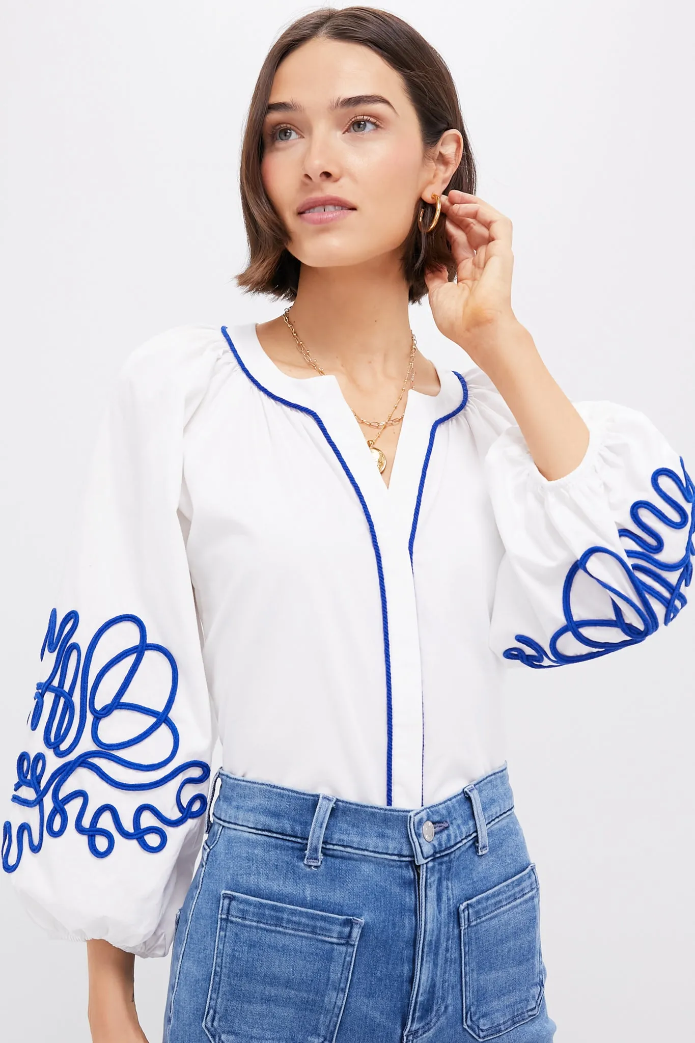 White & Royal Blue Soutache Stella Blouse sold by Tuckernuck