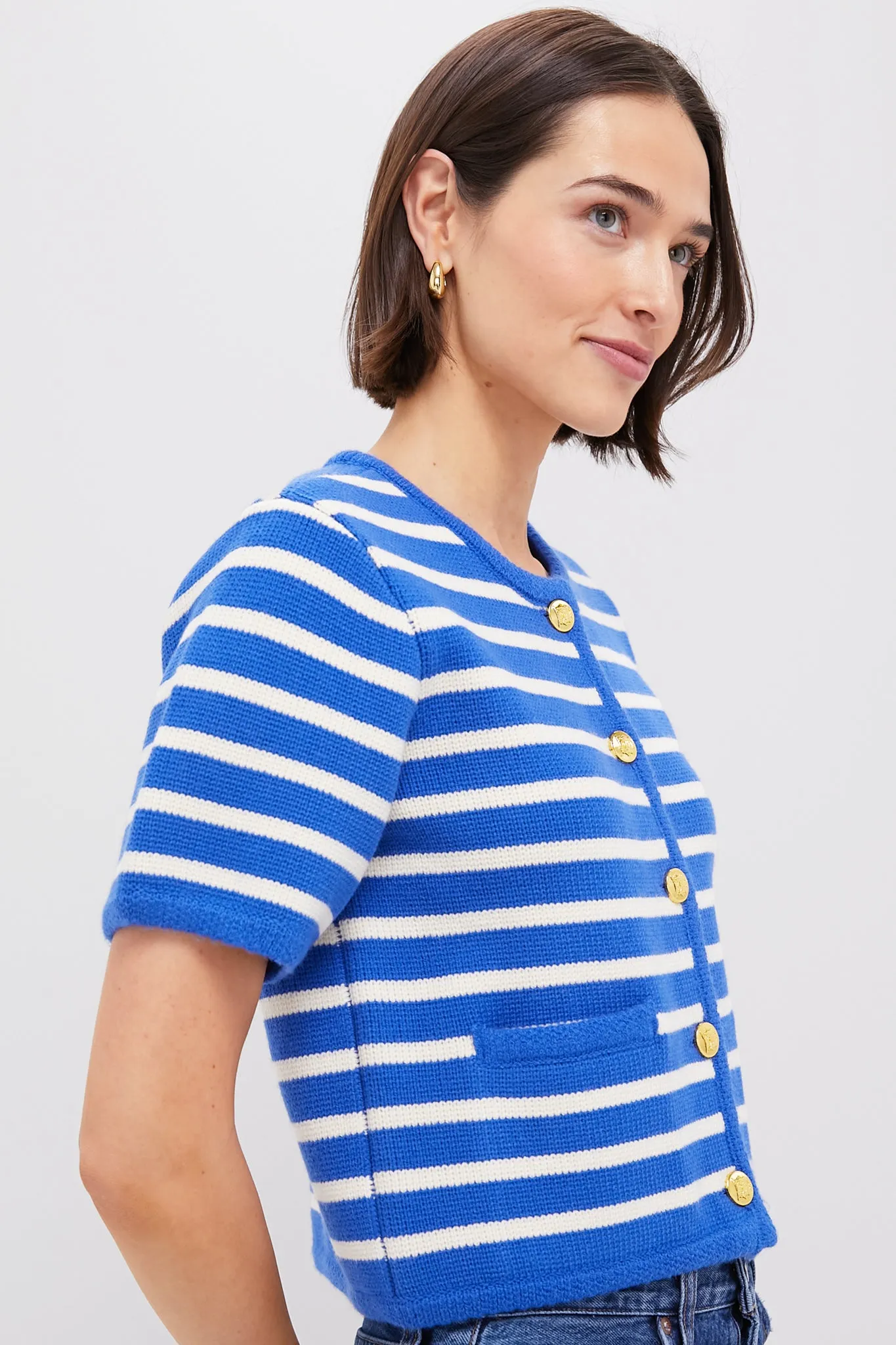 Blue & White Striped Short Sleeve Anna Cardigan sold by Tuckernuck product image thumbnail 3