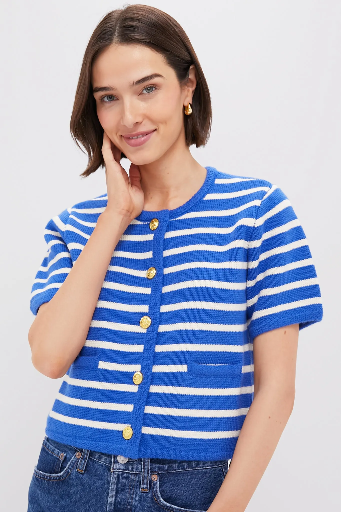 Blue & White Striped Short Sleeve Anna Cardigan sold by Tuckernuck