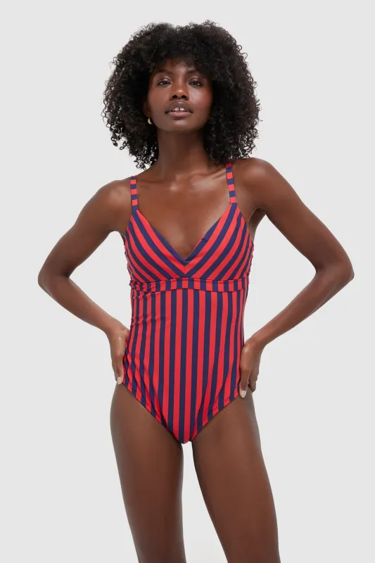 Hot Pepper and Navy Striped Dreamsculpt Push-Up Plunge One Piece made by Stylest
