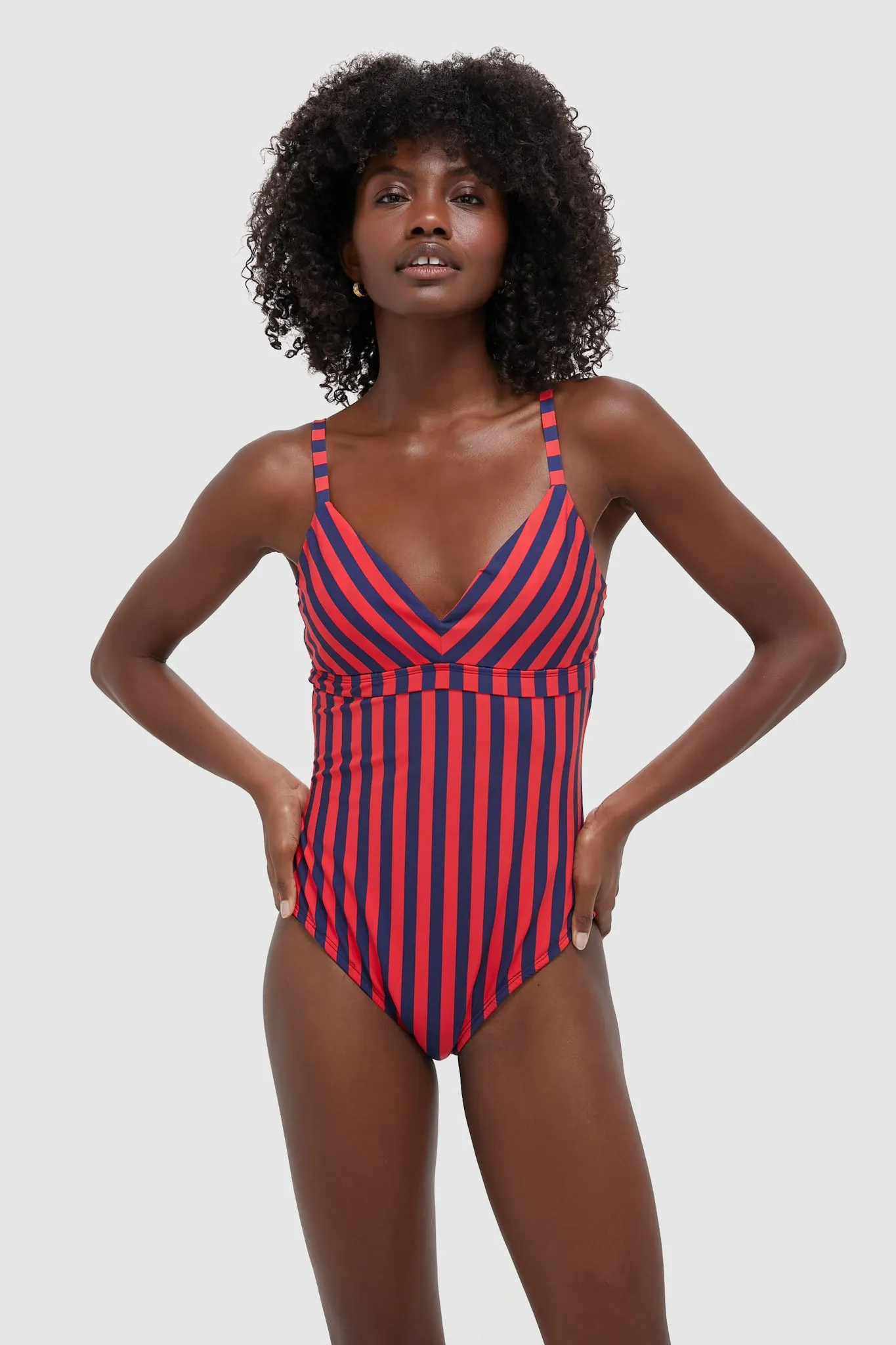 Hot Pepper and Navy Striped Dreamsculpt Push-Up Plunge One Piece sold by Tuckernuck