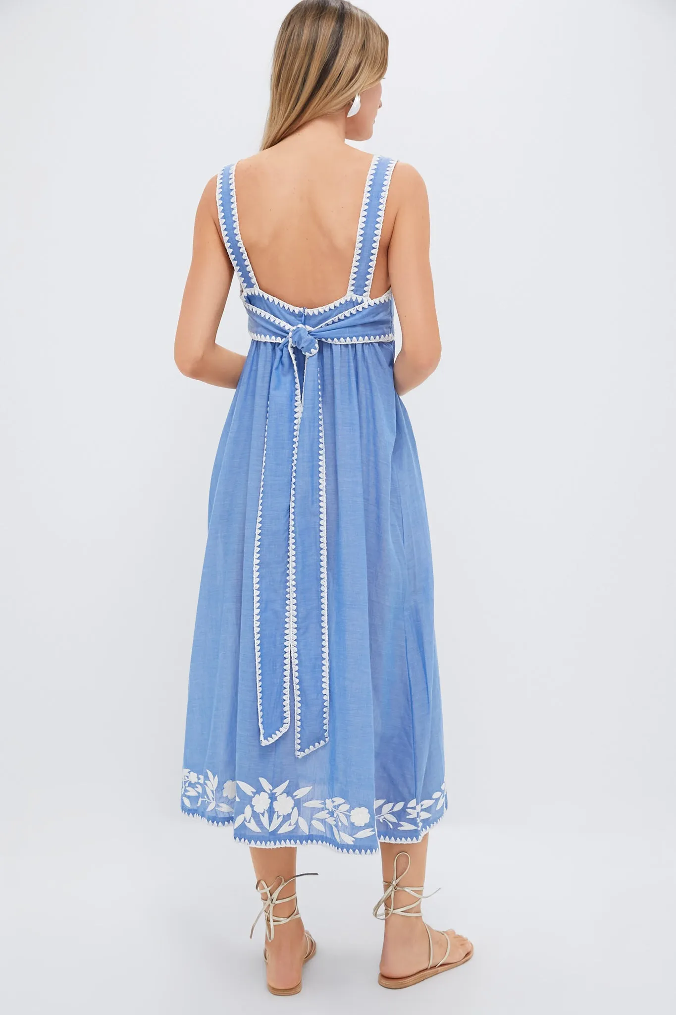 Denim and Cream Chambray Tie Back Dress with Embroidery sold by Tuckernuck product image thumbnail 4