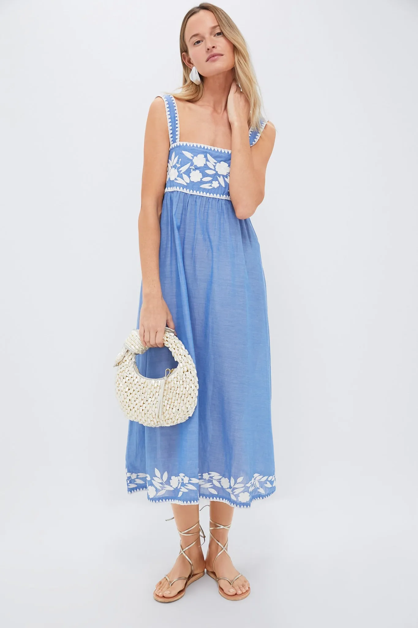 Denim and Cream Chambray Tie Back Dress with Embroidery sold by Tuckernuck product image thumbnail 2