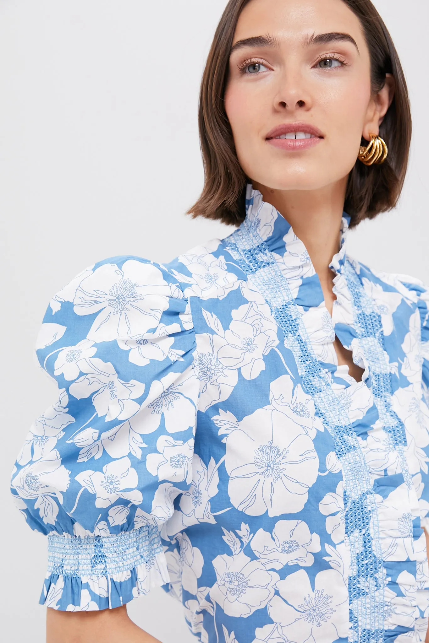 Blue Floral Ruffle Neck Aria Blouse sold by Tuckernuck product image thumbnail 5