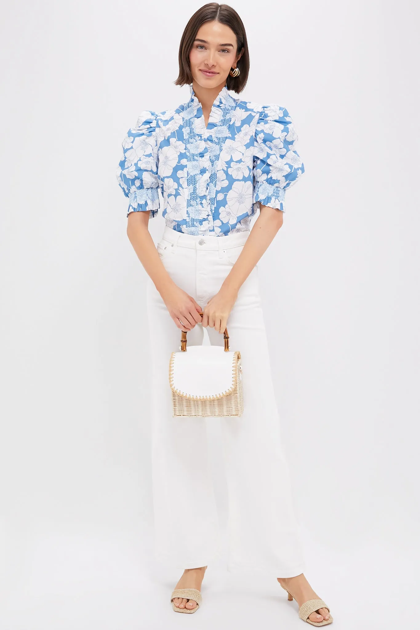 Blue Floral Ruffle Neck Aria Blouse sold by Tuckernuck product image thumbnail 2