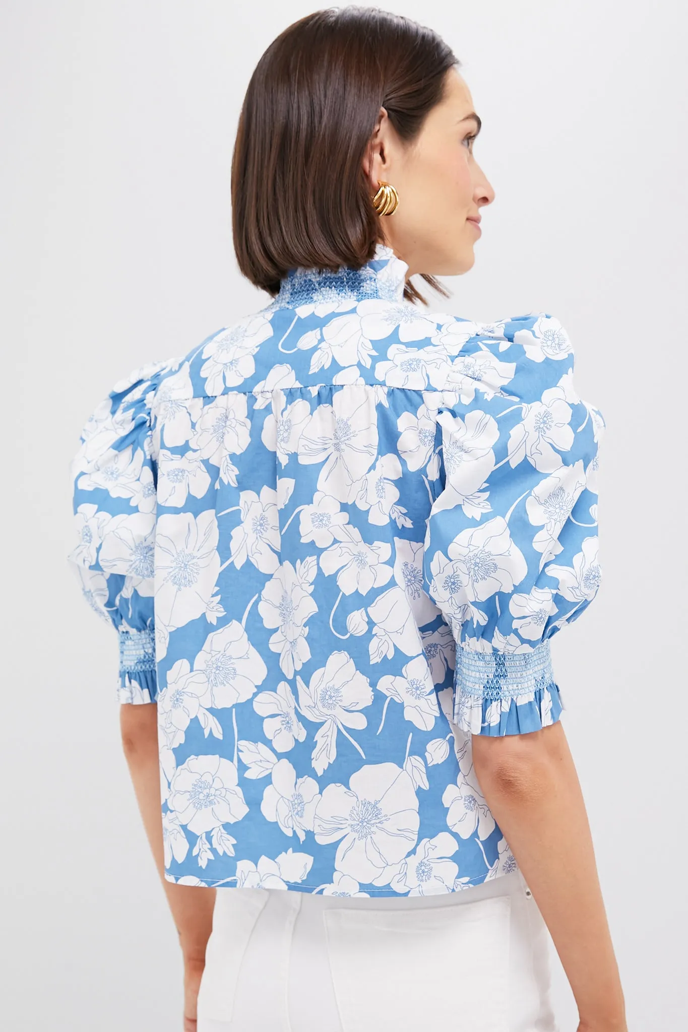 Blue Floral Ruffle Neck Aria Blouse sold by Tuckernuck product image thumbnail 4
