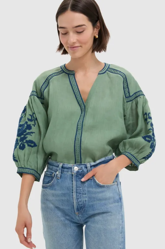 Green Linen Blouse sold by Tuckernuck