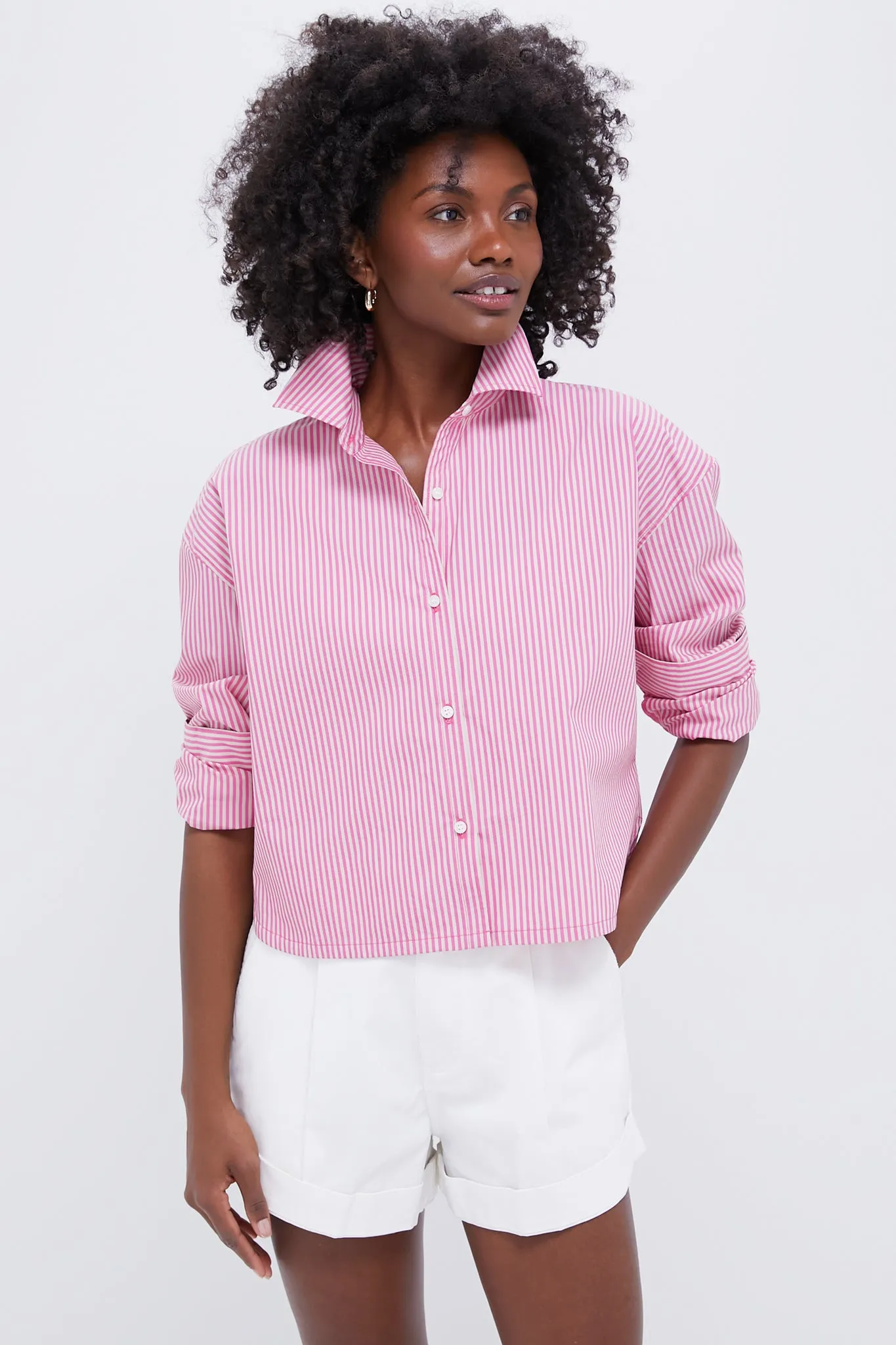 Pink and Khaki Stripe Cropped Jasper Button Down sold by Tuckernuck