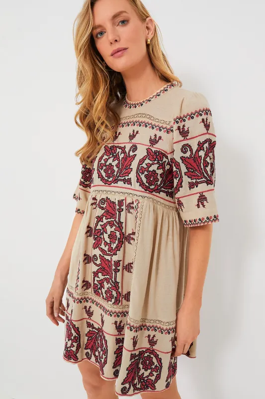 Taupe Beena Embroidery Shortsleeve Dress sold by Tuckernuck