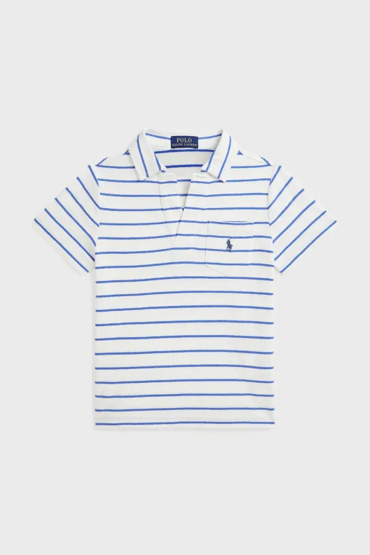 Little Boys White Short-Sleeve Cotton Linen Jersey Striped Johnny Collar Polo sold by Tuckernuck