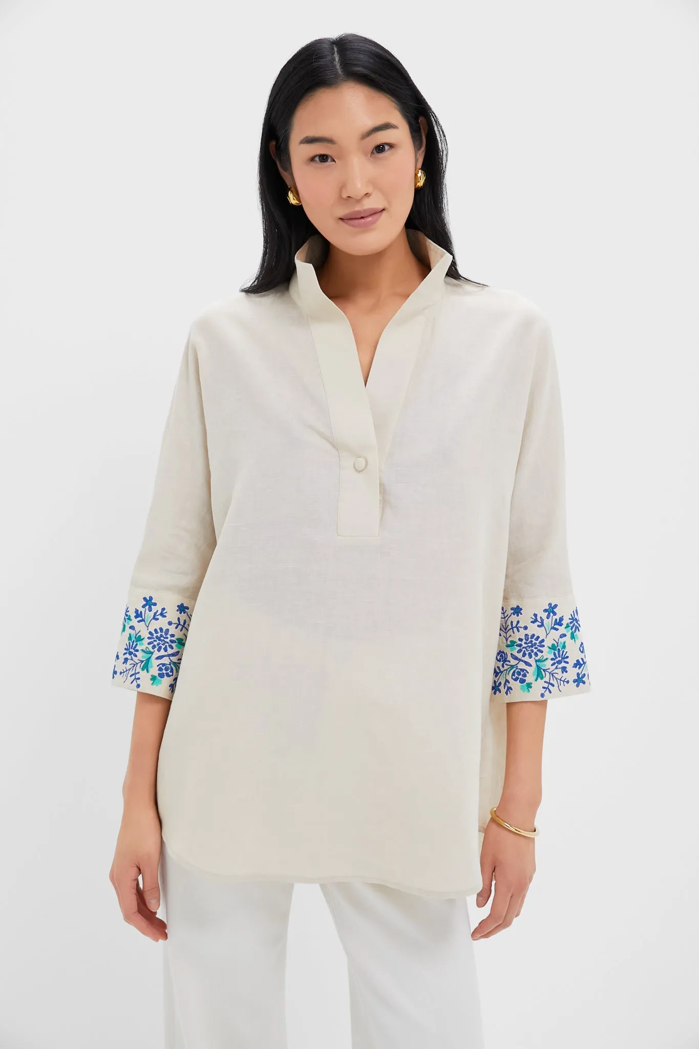 Tan Floral Cuff Cotton Linen Willow Blouse sold by Tuckernuck