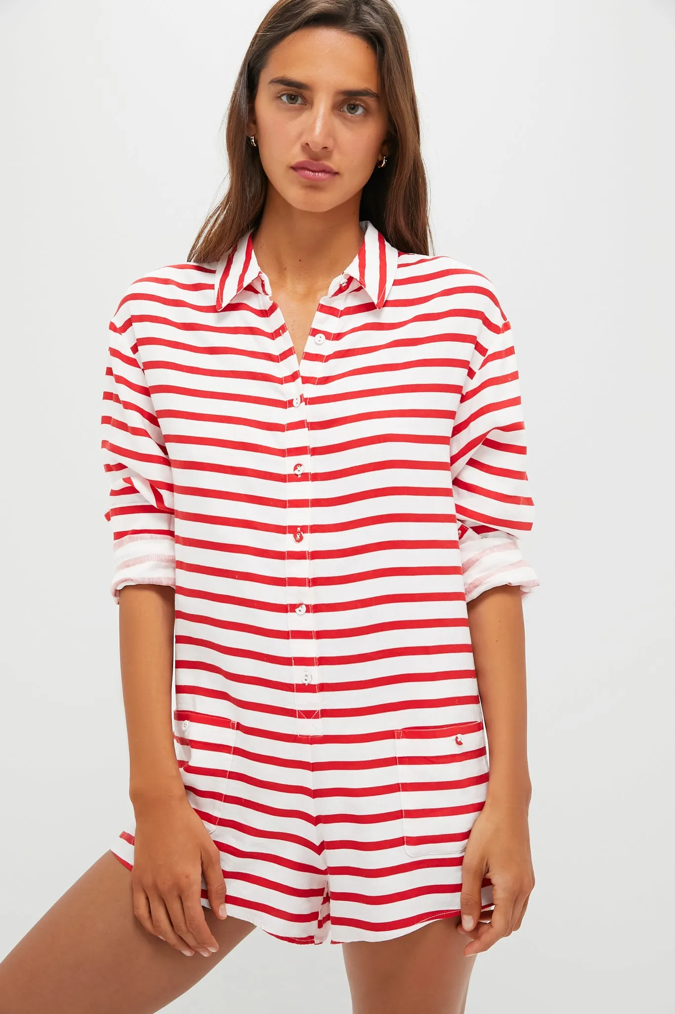 True Red and Off-White Sailor Stripe Linen Beach Romper sold by Tuckernuck
