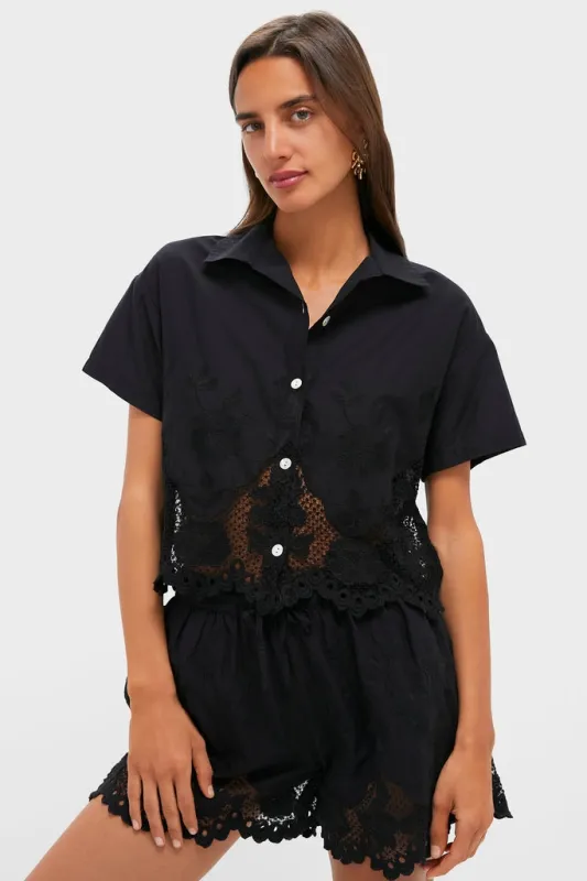 Black Flora Broderie Crop Shirt sold by Tuckernuck
