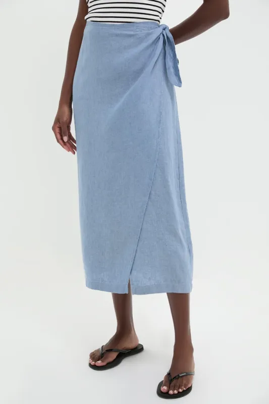 Channel Blue Delave Linen Tie Wrap Skirt sold by Tuckernuck