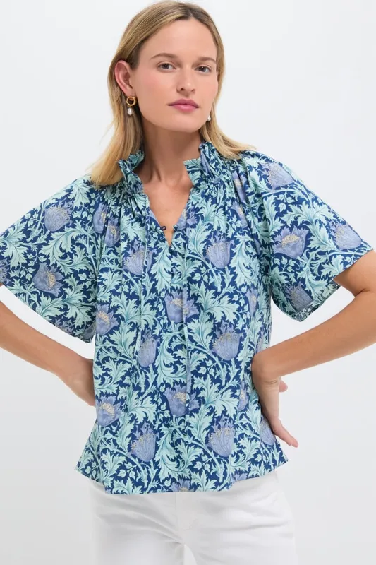 Multi Blue Leafy Floral Thea Blouse sold by Tuckernuck