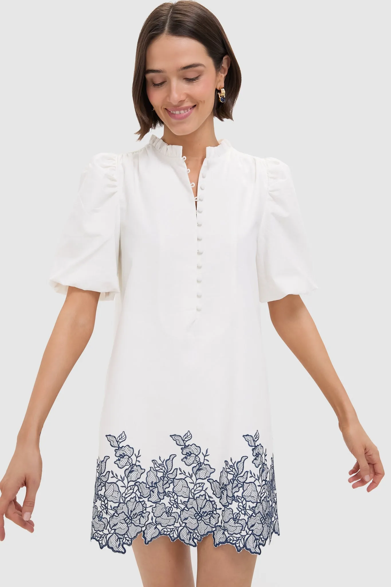 White & Navy Embroidery Mimi Mini Dress sold by Tuckernuck