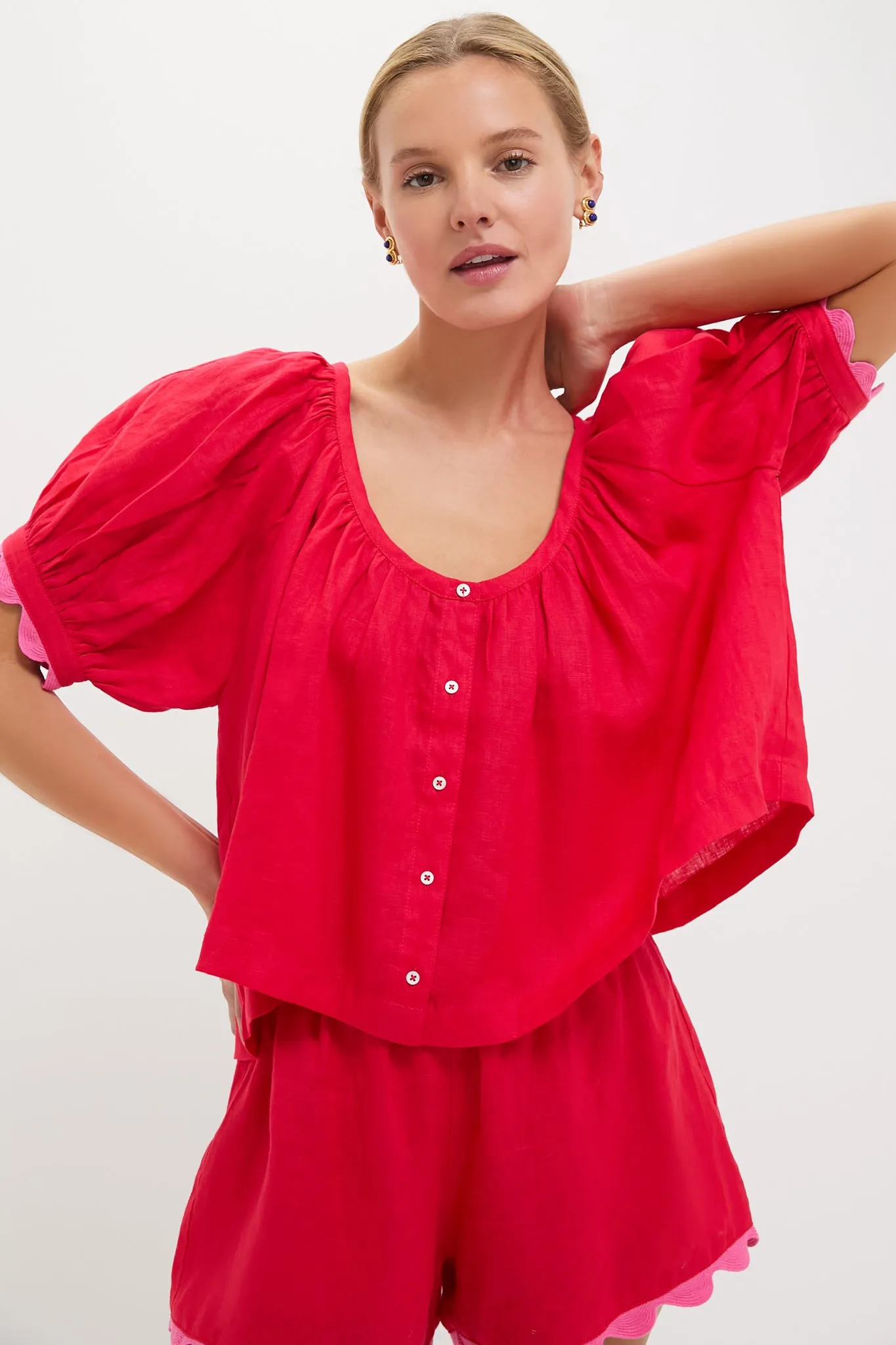 Hibiscus Red Linen Tully Top sold by Tuckernuck