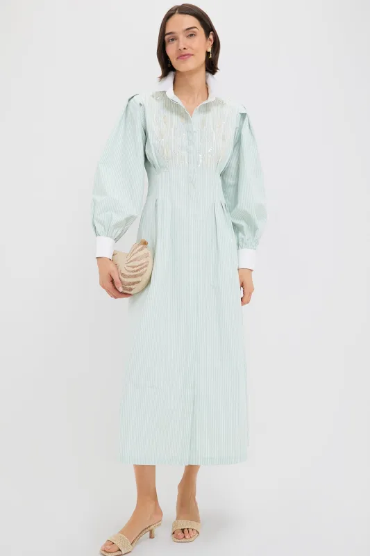 Green and White Embellished Stripe Corinne Dress sold by Tuckernuck