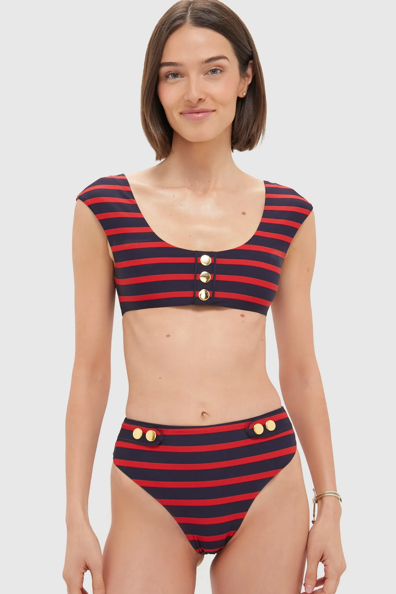True Red and Dark Navy Sailor Stripe Off-Shoulder Bikini Top sold by Tuckernuck