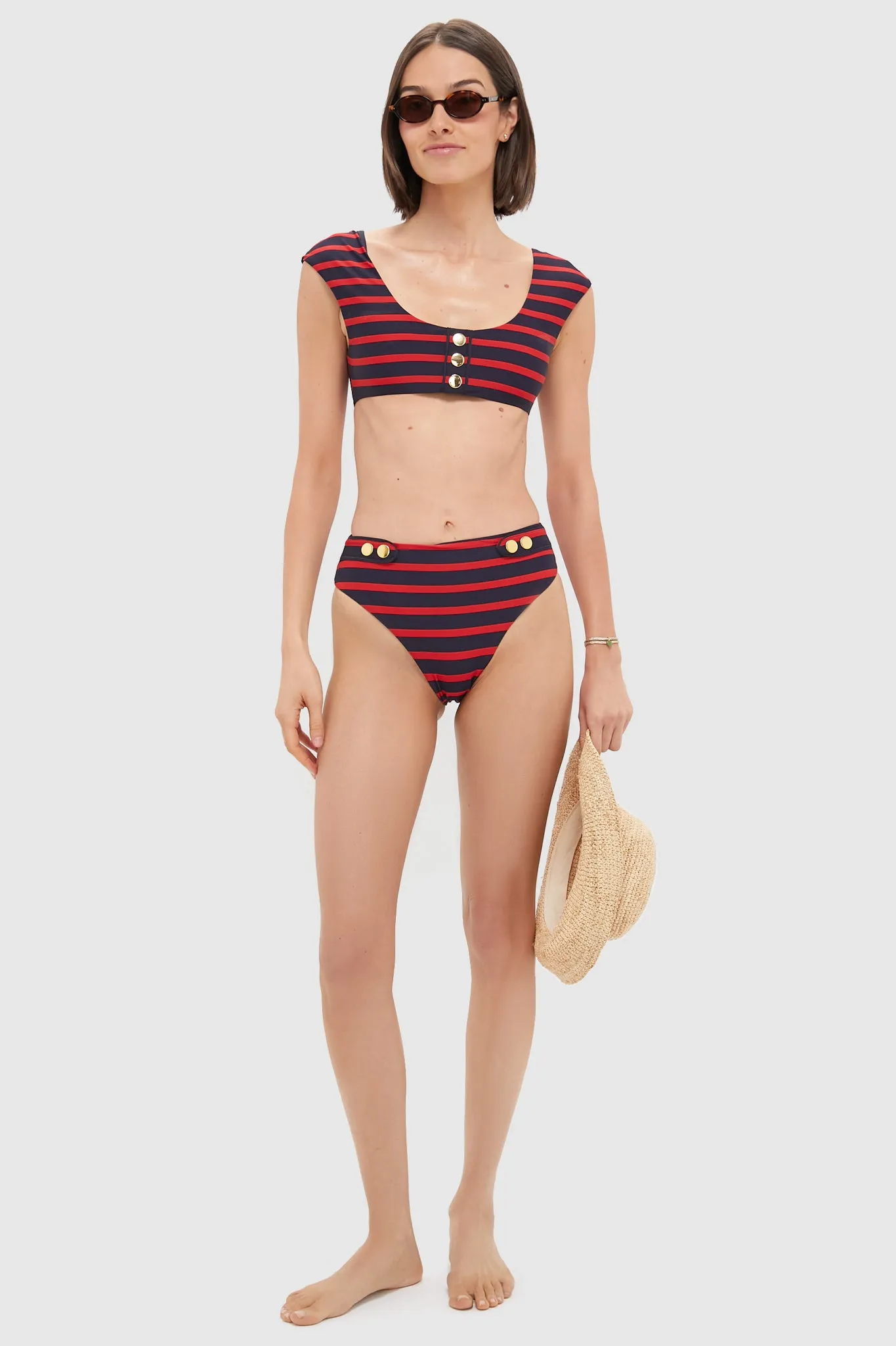 True Red and Dark Navy Sailor Stripe Off-Shoulder Bikini Top sold by Tuckernuck product image thumbnail 2