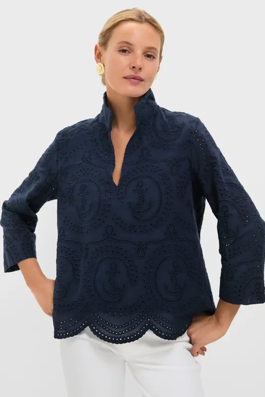 Navy Nautical Eyelet Margot Stand Collar Blouse sold by Tuckernuck