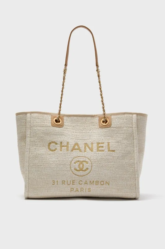 CHANEL Beige Canvas Deauville Tote Bag sold by Tuckernuck