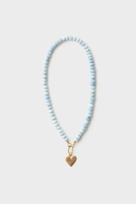 Exclusive Shaded Blue Opal Gemstone Necklace with Small Ribbed Heart of Gold Charm sold by Tuckernuck