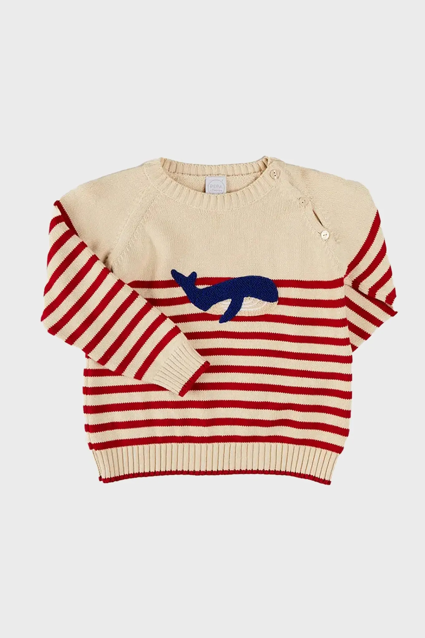 Whale Intarsia Striped Jumper in Red sold by Tuckernuck