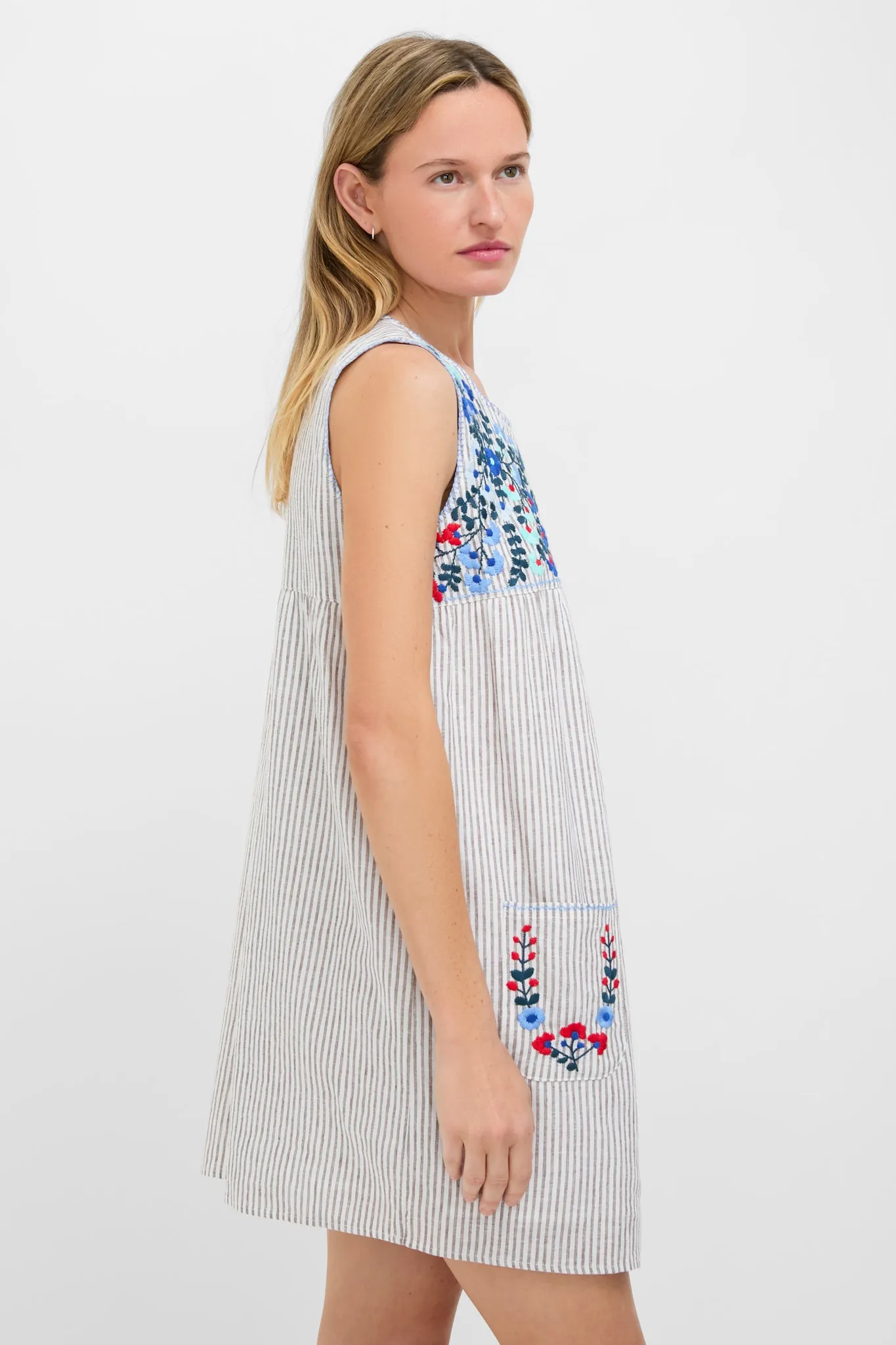 Tan Stripe Embroidered Linen Sunny Mini Dress sold by Tuckernuck product image thumbnail 3