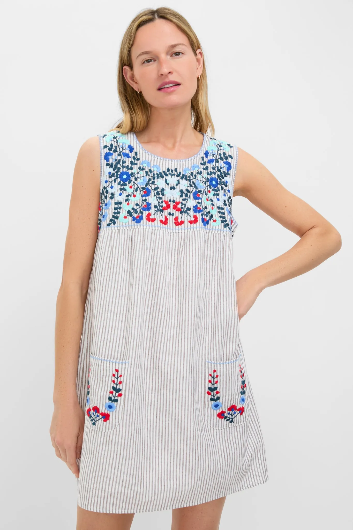 Tan Stripe Embroidered Linen Sunny Mini Dress sold by Tuckernuck