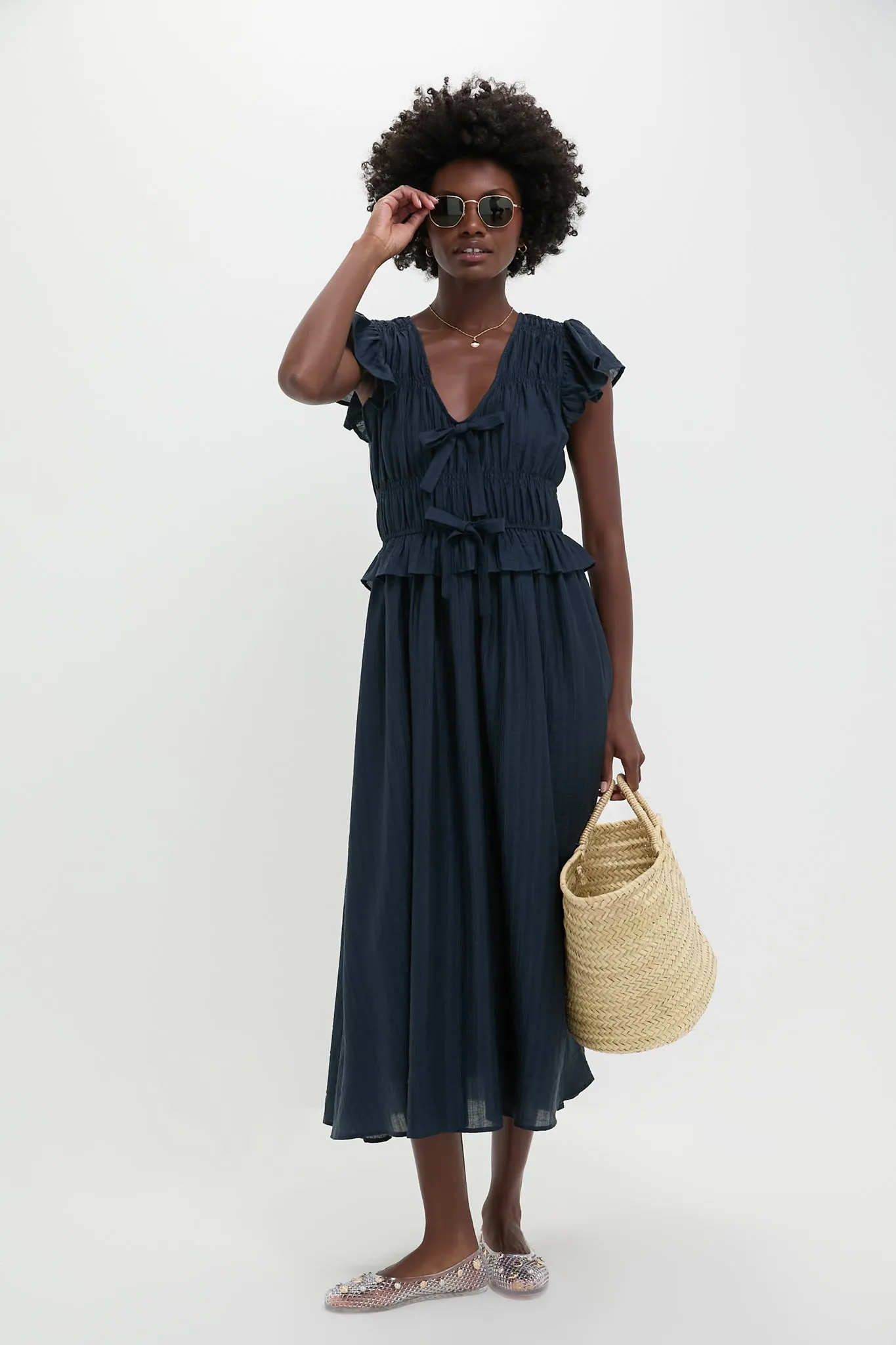 Navy Flutter Sleeve Tie Front Midi Dress sold by Tuckernuck product image thumbnail 2