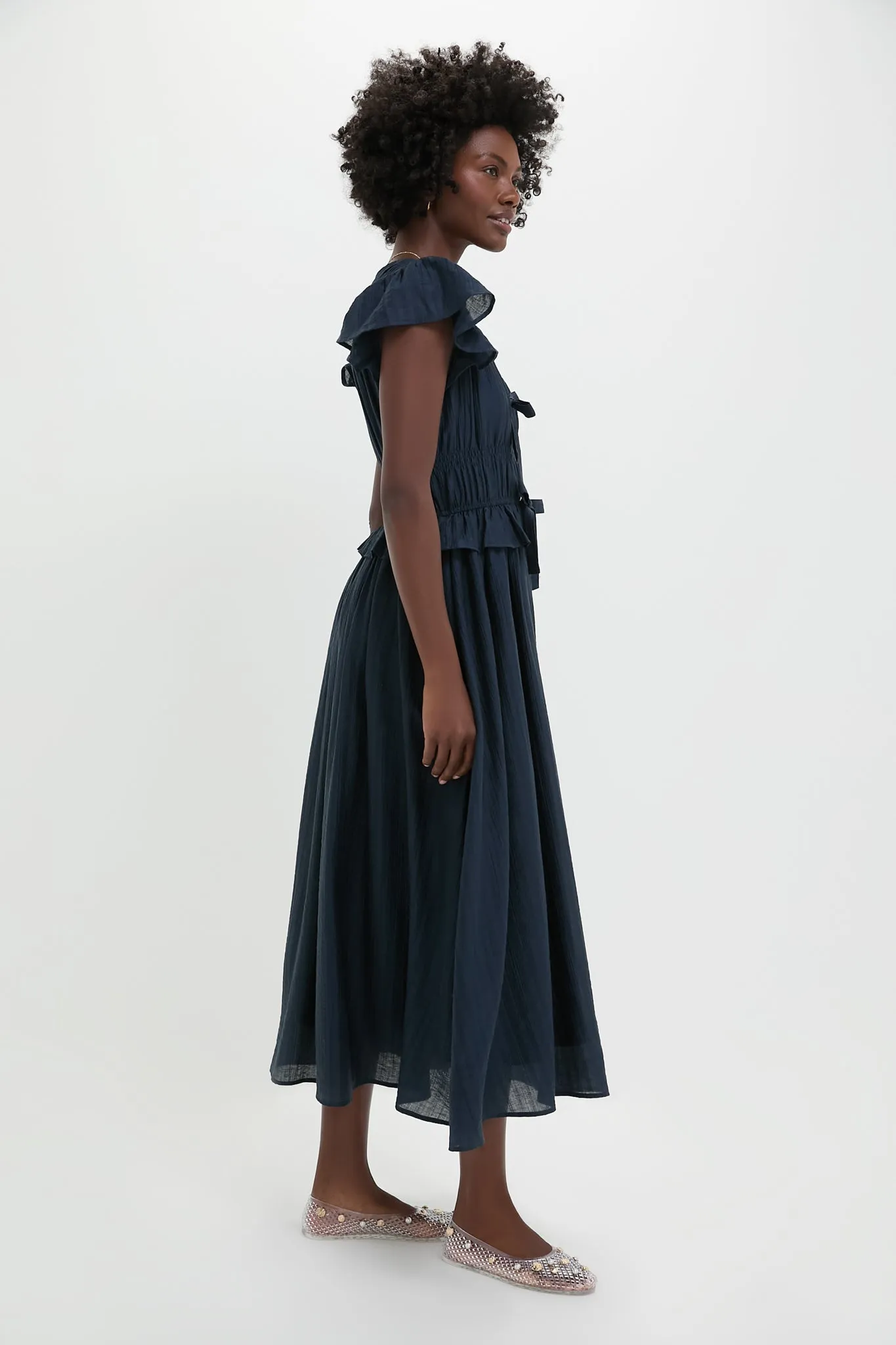 Navy Flutter Sleeve Tie Front Midi Dress sold by Tuckernuck product image thumbnail 3