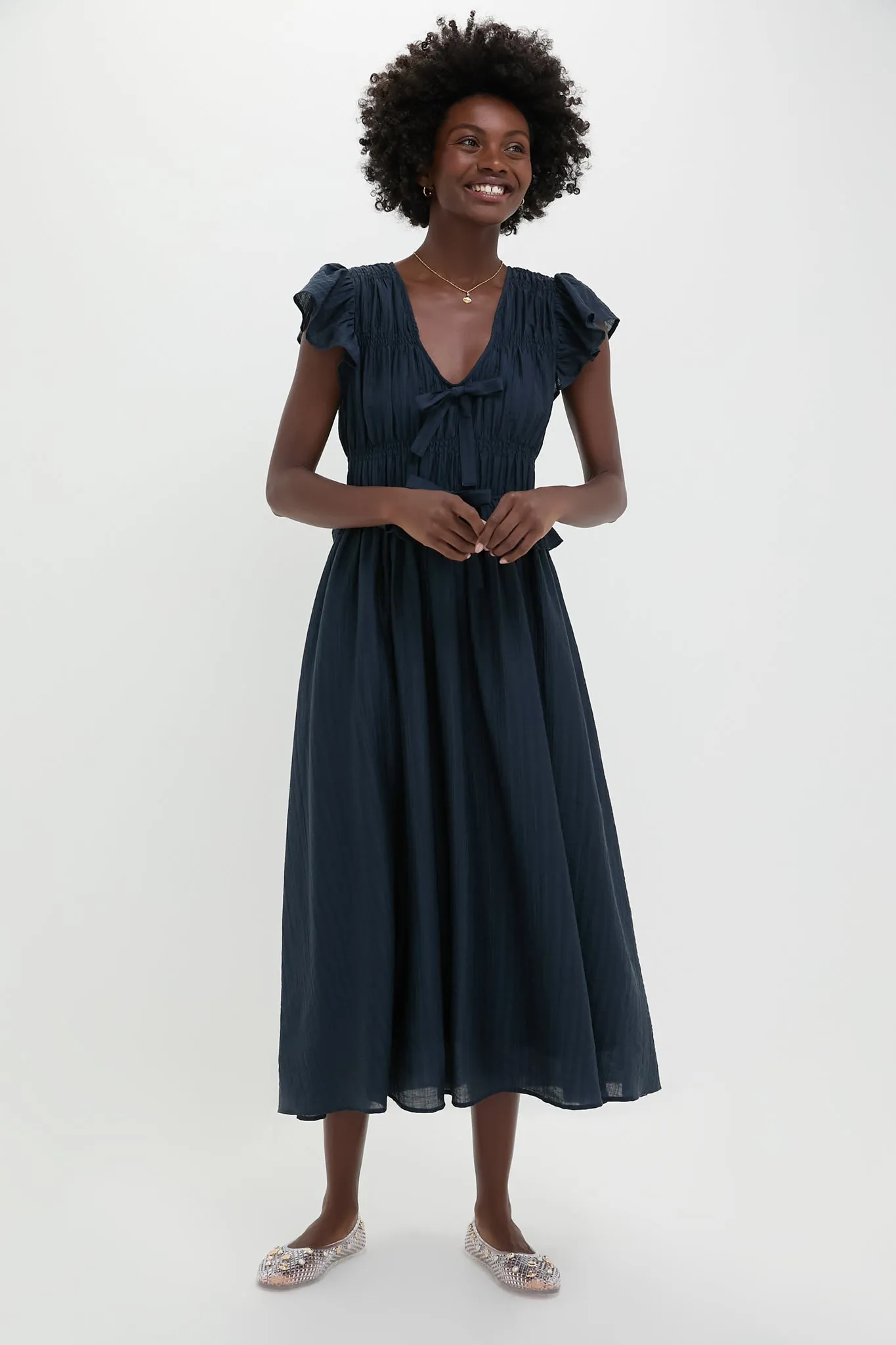 Navy Flutter Sleeve Tie Front Midi Dress sold by Tuckernuck