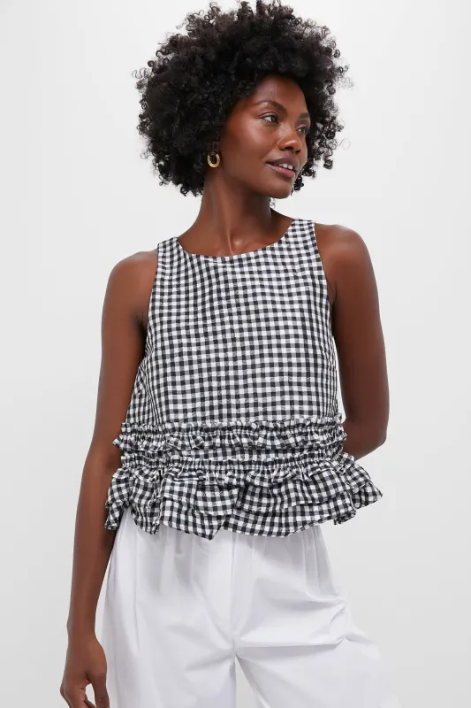 Black Crinkled Taffeta Check Open Back Frill Top made by Ganni