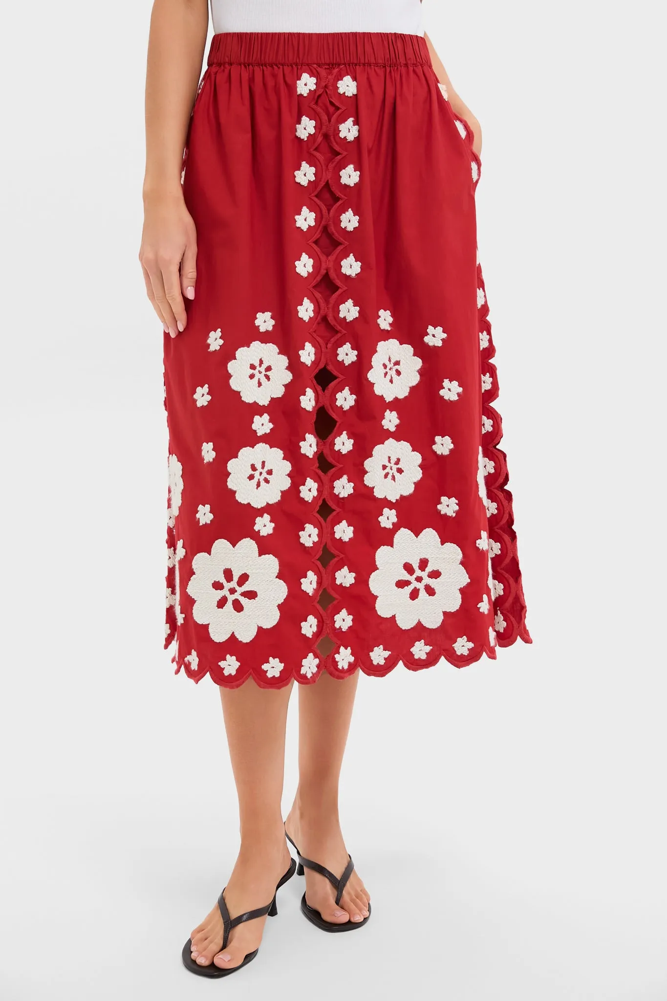 Red Catrine Applique Midi Scallop Skirt sold by Tuckernuck