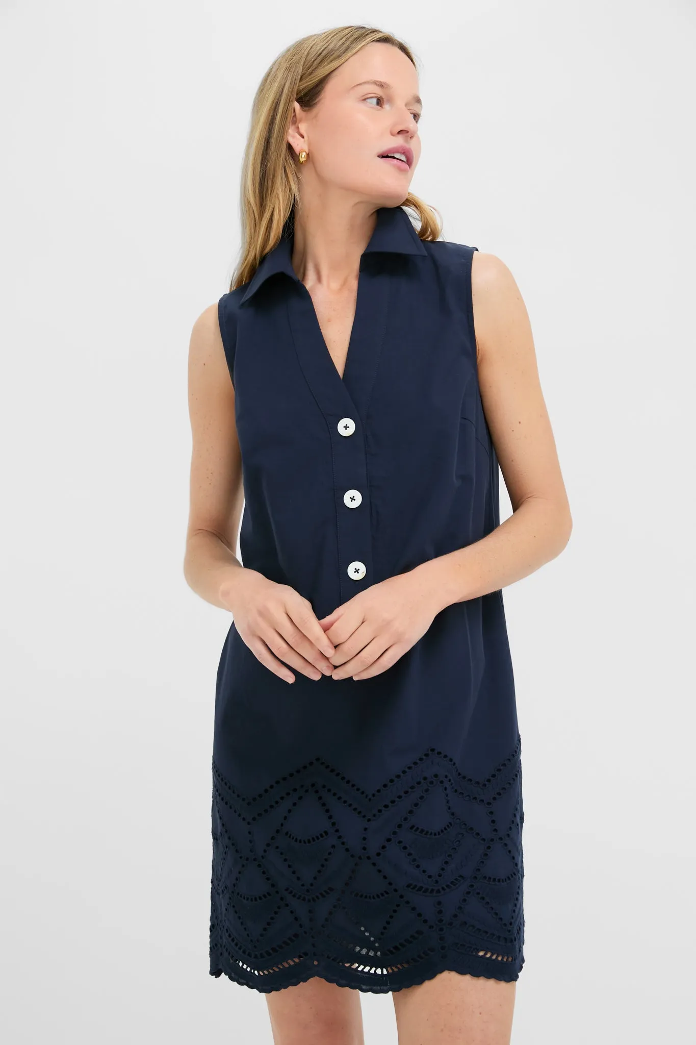 Navy Eyelet Sleeveless Collier Dress sold by Tuckernuck