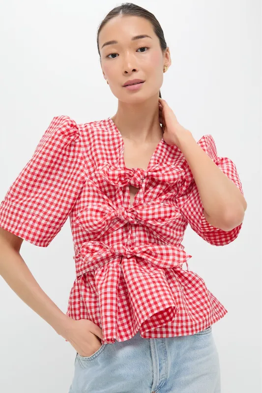 Red Alert Crinkled Taffeta Check Tie Front Blouse sold by Tuckernuck