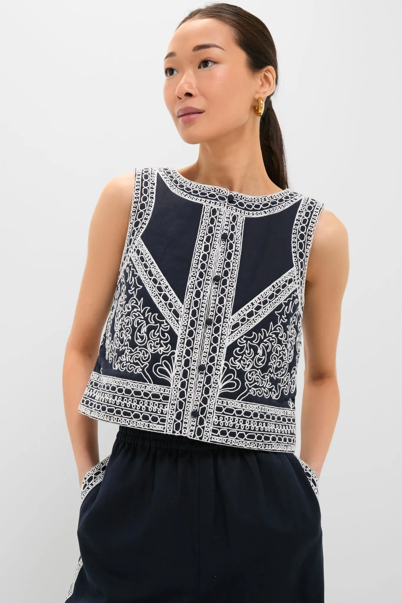 Navy and White Embroidered Luna Top sold by Tuckernuck