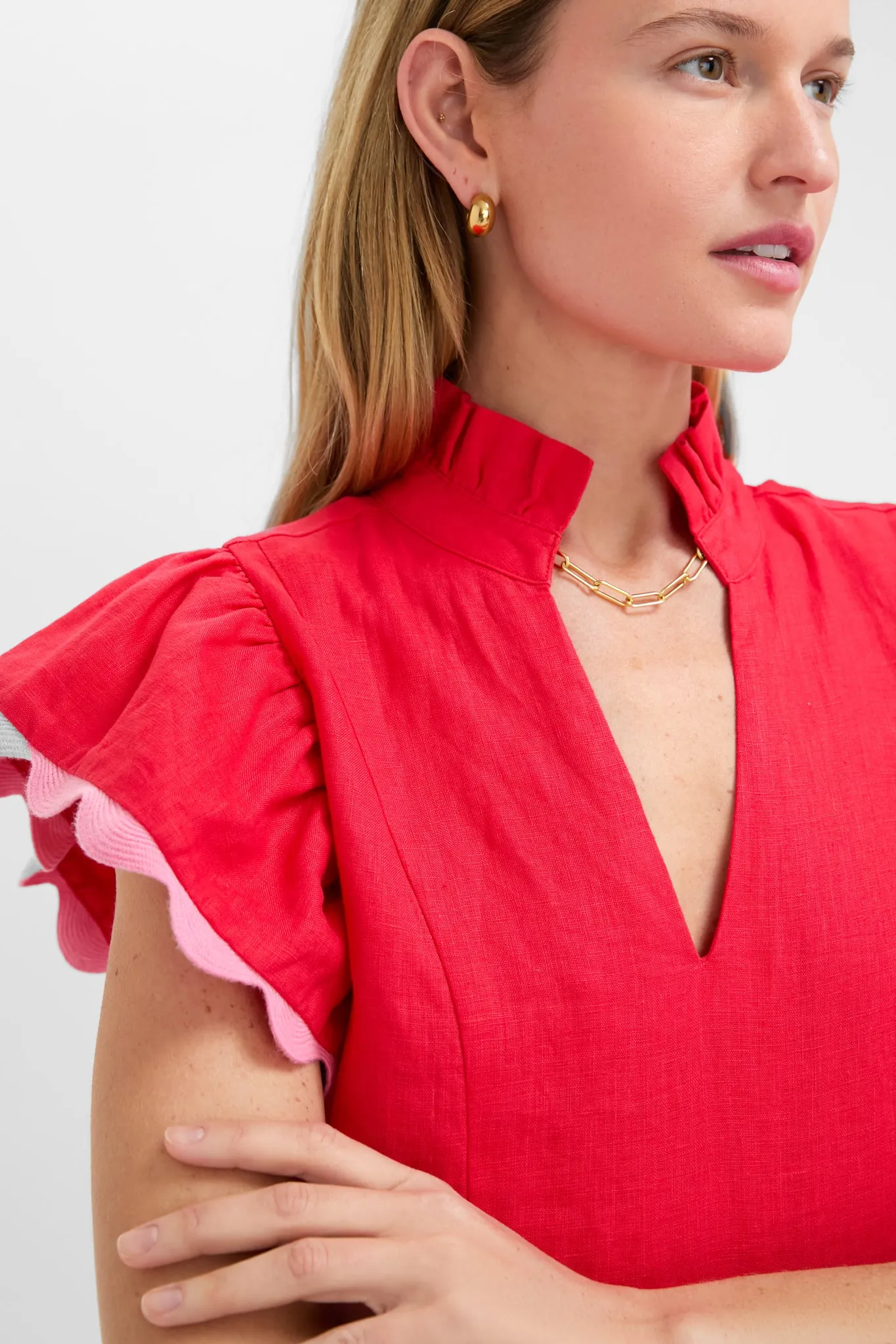 Hibiscus Red Linen Flutter Sleeve Bella Dress sold by Tuckernuck product image thumbnail 5
