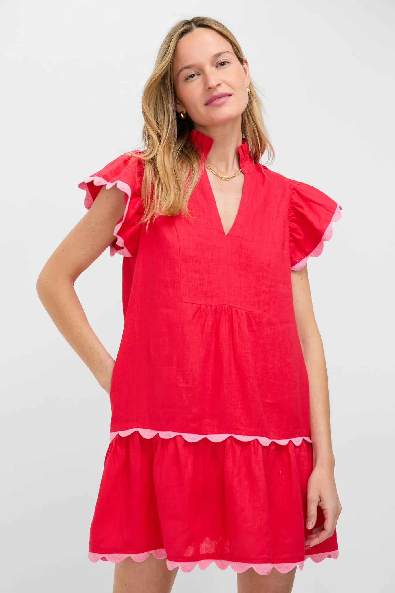 Hibiscus Red Linen Flutter Sleeve Bella Dress sold by Tuckernuck