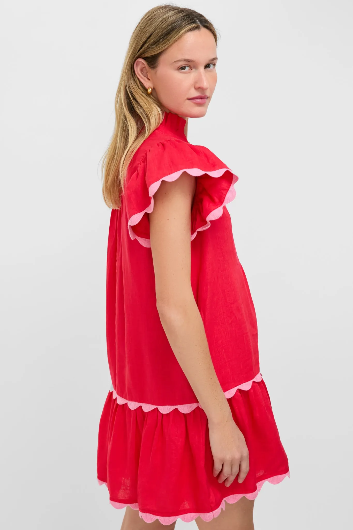 Hibiscus Red Linen Flutter Sleeve Bella Dress sold by Tuckernuck product image thumbnail 3