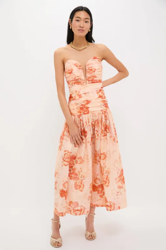 Red Botanical Floral Cascadian Strapless Midi Dress sold by Tuckernuck