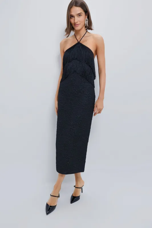 Black Fringe Halter Neck Natalia Midi Dress sold by Tuckernuck