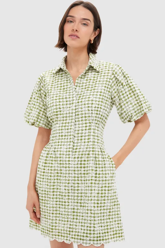 Embroidered Floral Green Gingham Mini Delaney Dress sold by Tuckernuck