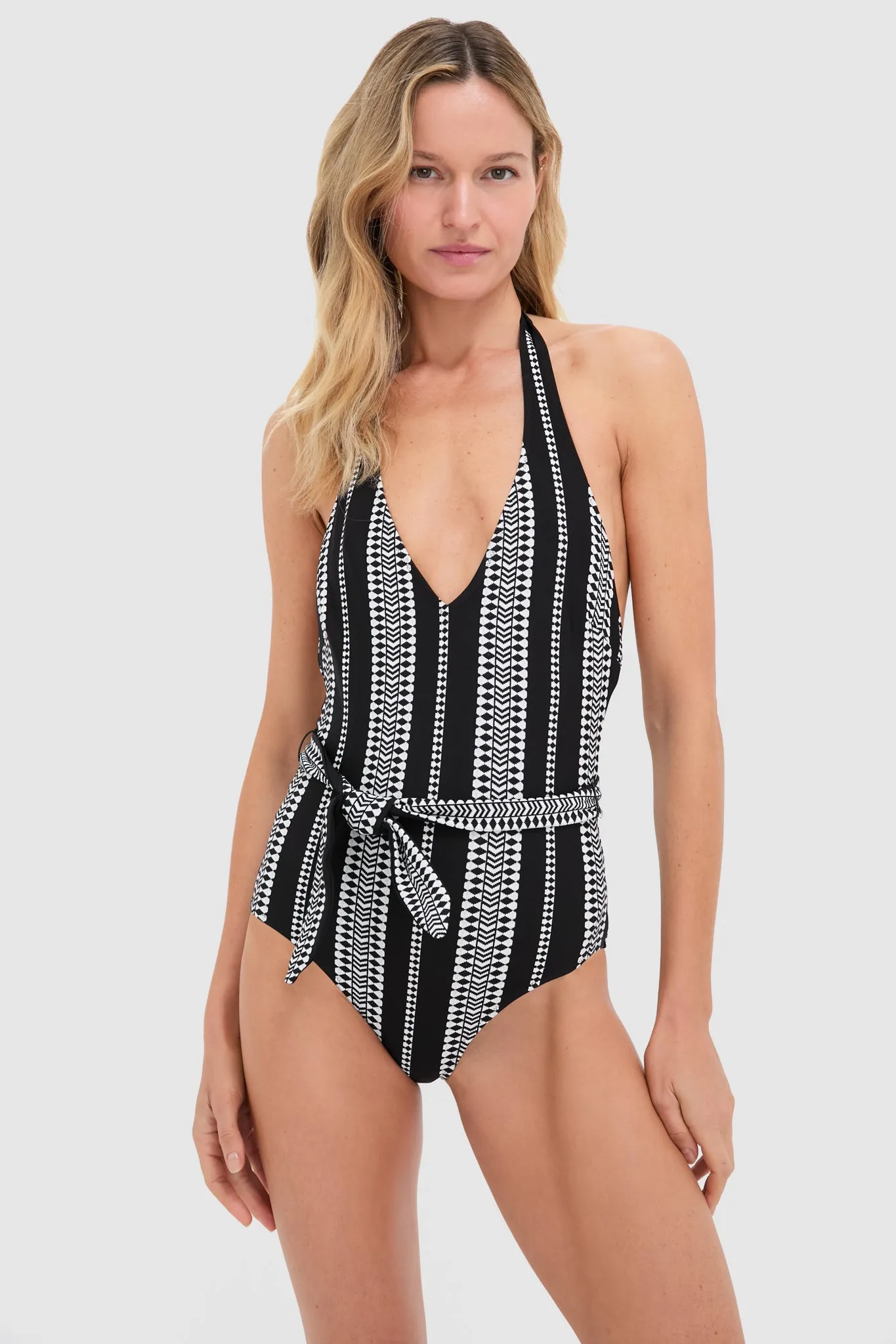 Black Luchia Deep V Belted One Piece sold by Tuckernuck