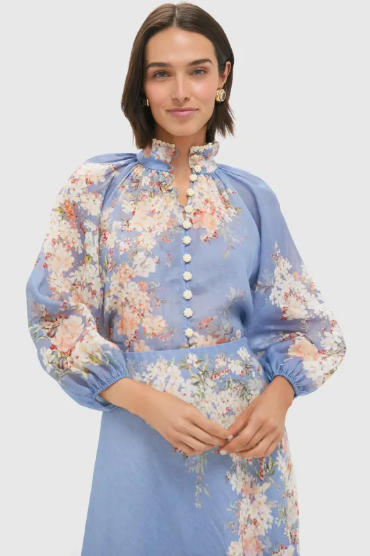Teal Blue Botanical Floral Cascadian Billow Blouse sold by Tuckernuck