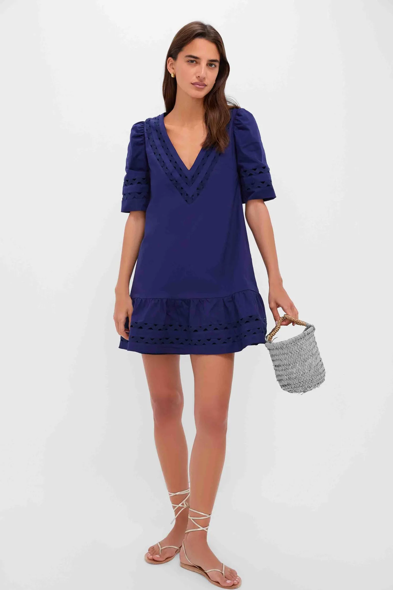 Navy V-Neck Puff Sleeve Mini Dress sold by Tuckernuck product image thumbnail 2