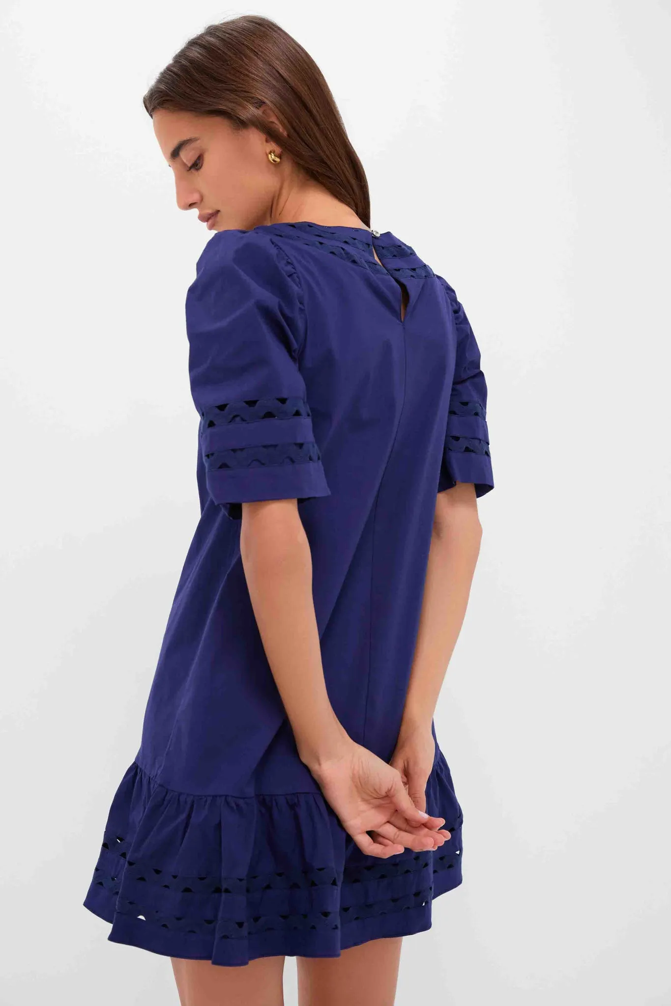 Navy V-Neck Puff Sleeve Mini Dress sold by Tuckernuck product image thumbnail 4