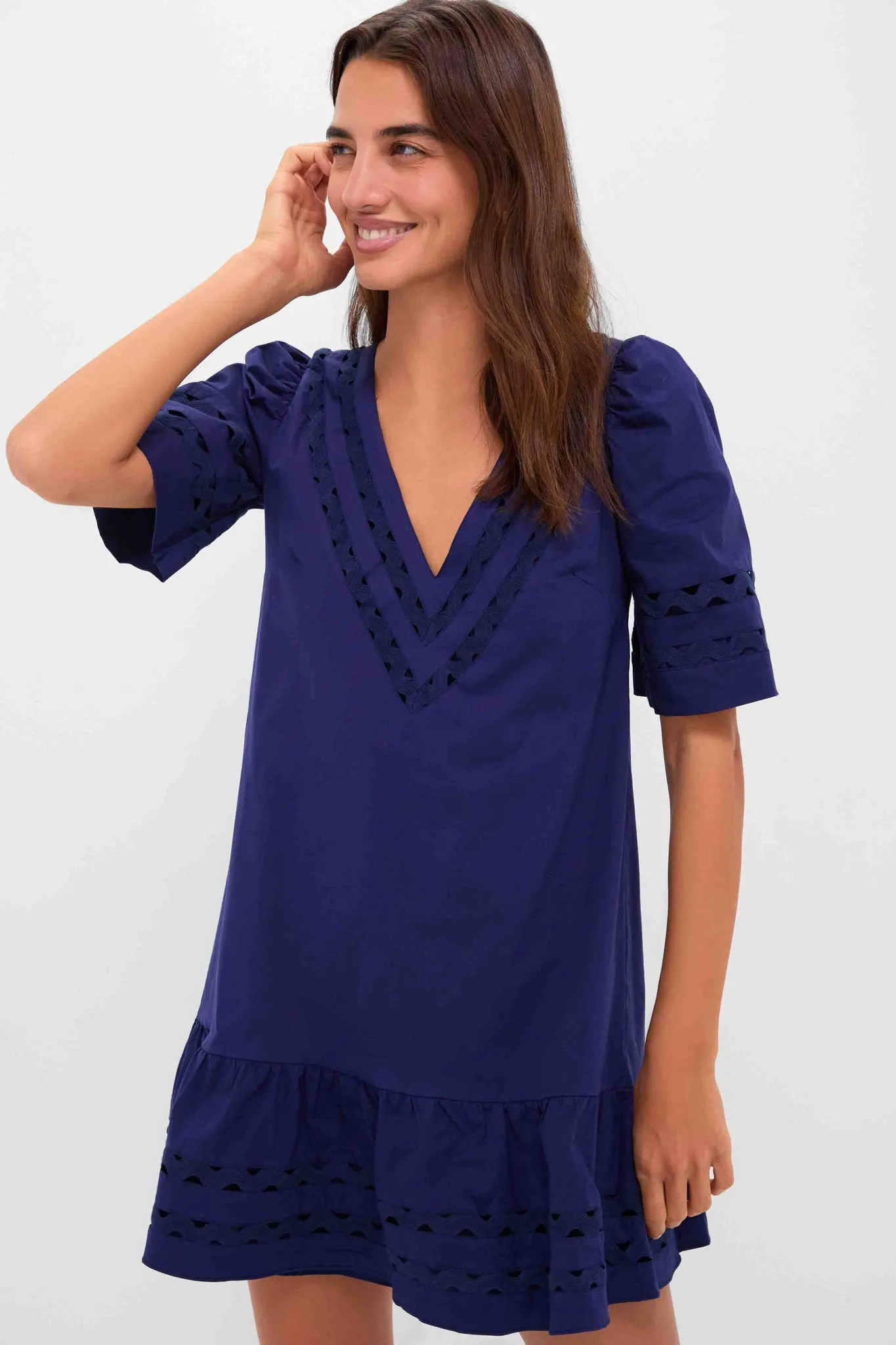 Navy V-Neck Puff Sleeve Mini Dress sold by Tuckernuck