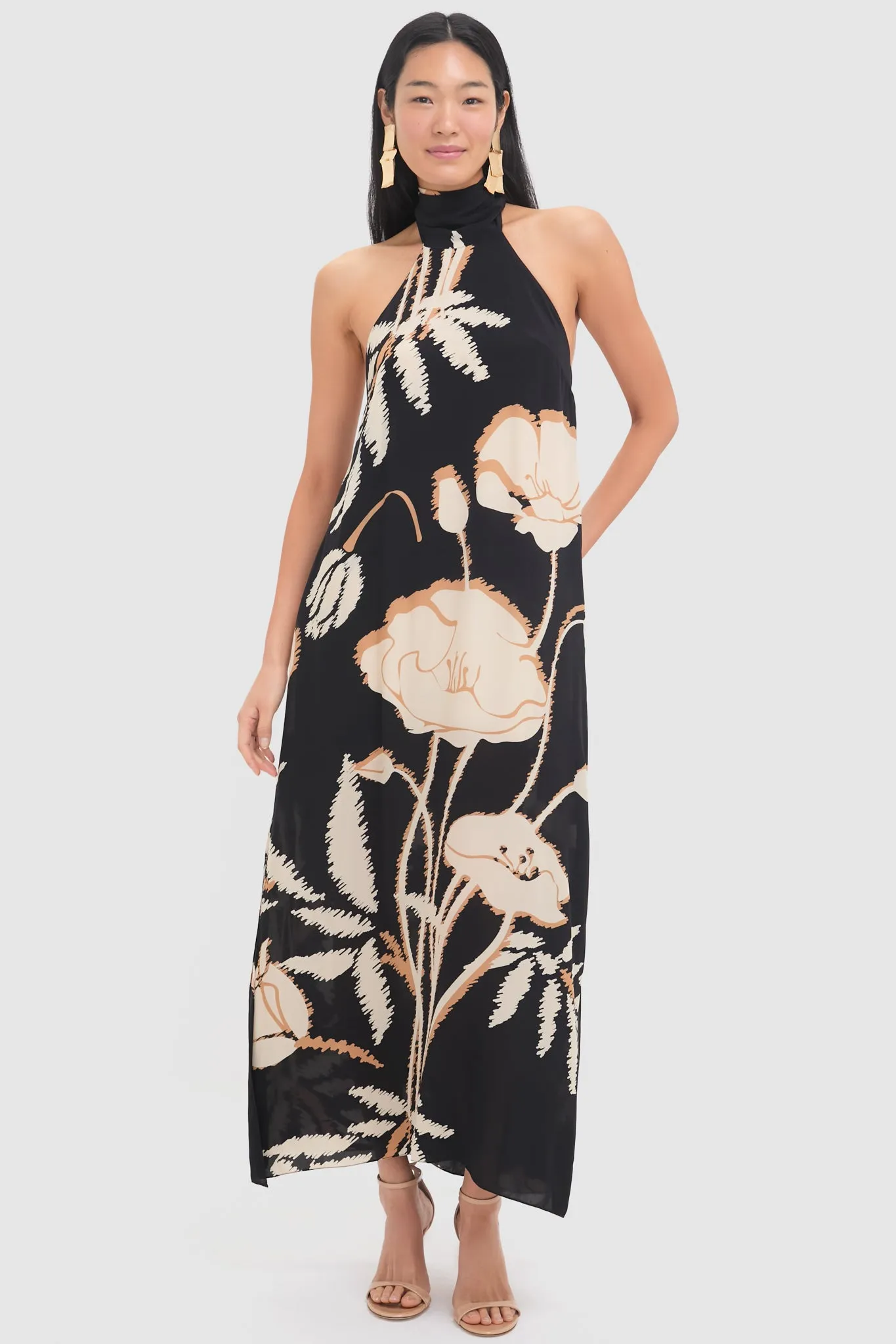Black Gladiolos Costa Pacifica Crepe Chine Maxi Dress sold by Tuckernuck